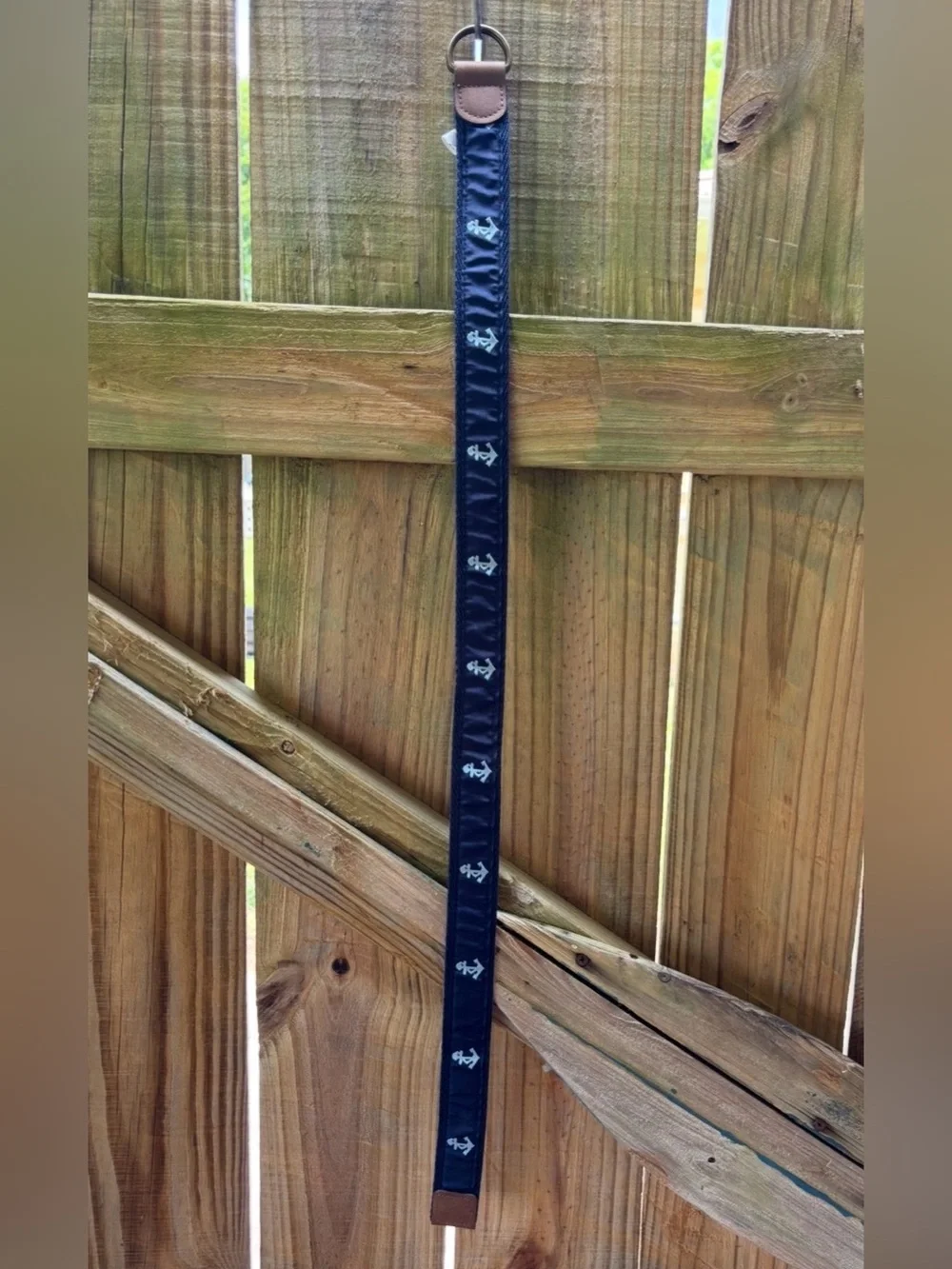 Blue Anchor Ribbon Belt with a D Ring Buckle 29”L